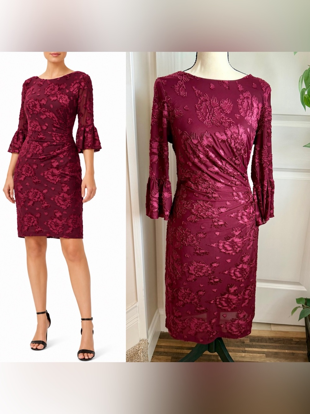 Adrianna Papell Floral Burnout Velvet Sheath Dress Burgundy Sz 8